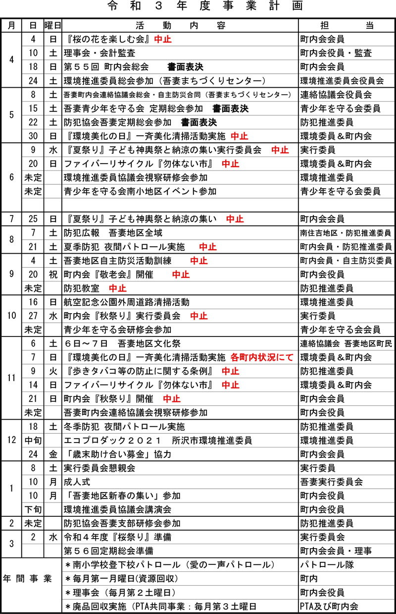年間行事予定表 | 南住吉町内会