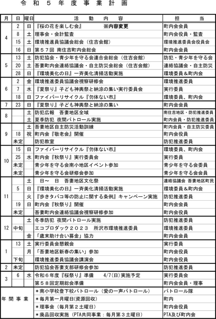 年間行事予定表 | 南住吉町内会